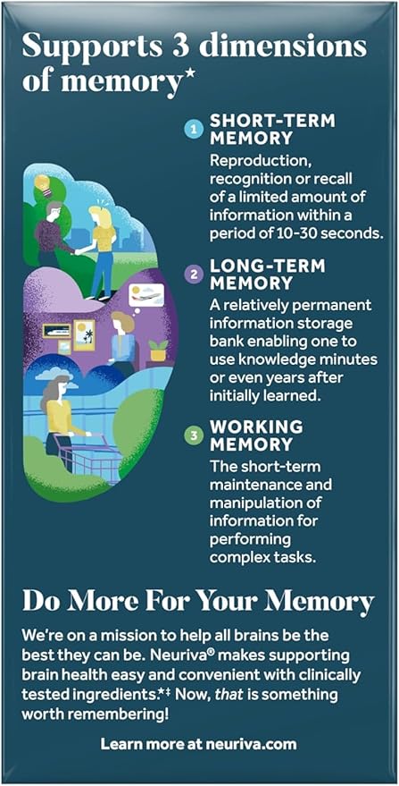NEURIVA Memory 3D Brain Supplement - Nootropic Capsules for Memory, Focus & Cognitive Function - Short Term, Long Term, & Working Memory Support - 50ct - Pack of 2