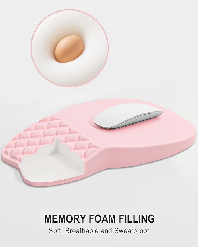 Auhoahsil Ergonomic Mouse Pad with Wrist Rest, Comfortable Slope Computer Mouse Mat with Wrist Support, Memory Foam Filling, Non-Slip Silicone Base, Pain Relief for Gaming Work, 8" x 12", Light Pink