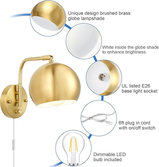 Plug in Dimmable Wall Sconce Swing Arm Wall Lights with Plug in Cord and Dimmer On/Off Knob Switch, Brushed Brass Globe Wall Light for Bedside Bedroom Bathroom(1 Bulb Included)