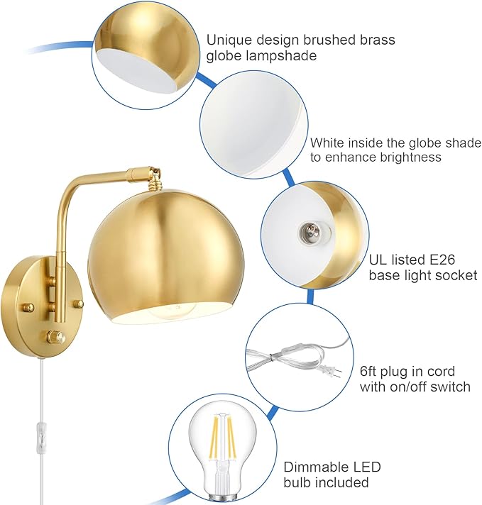 Wall Sconces Plug in, Dimmable Wall Sconce Swing Arm Wall Lights with Plug in Cord and Dimmer On/Off Knob Switch, Brushed Brass Globe Wall Light for Bedroom Bedside Hallway(2 Bulbs Included)