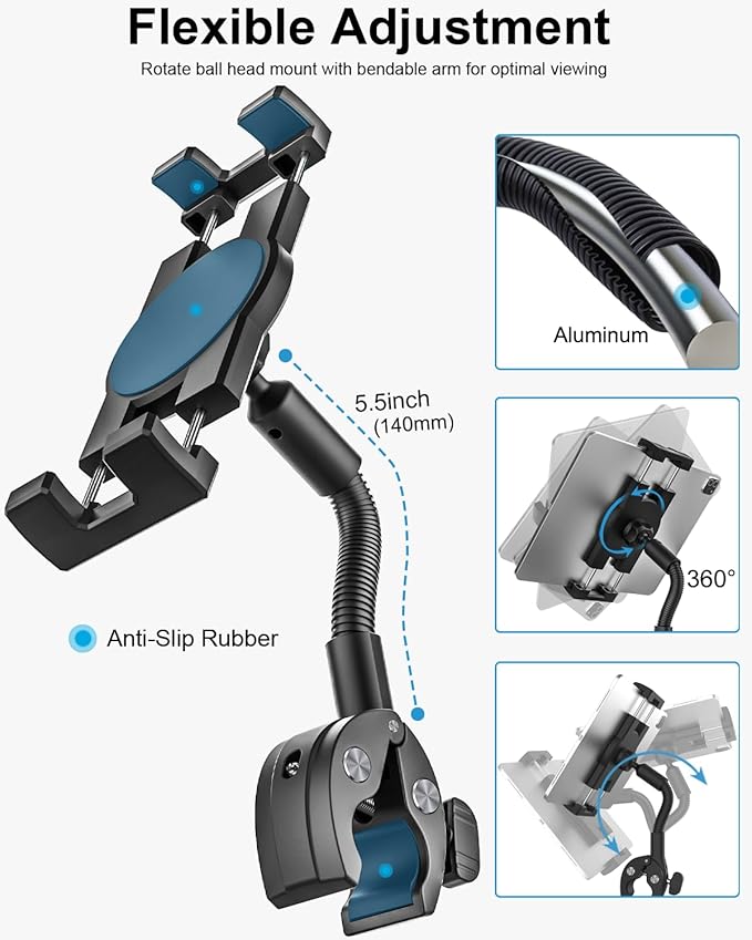 woleyi Gooseneck Tablet Bike Mount for Indoor Cycling, Gym Treadmill, Spin bike, Stationary Exercise bicycle, Peloton Handlebar, Elliptical, Stroller Clamp for iPad Pro/Air/Mini, Phone, 4.7-13" Tablet