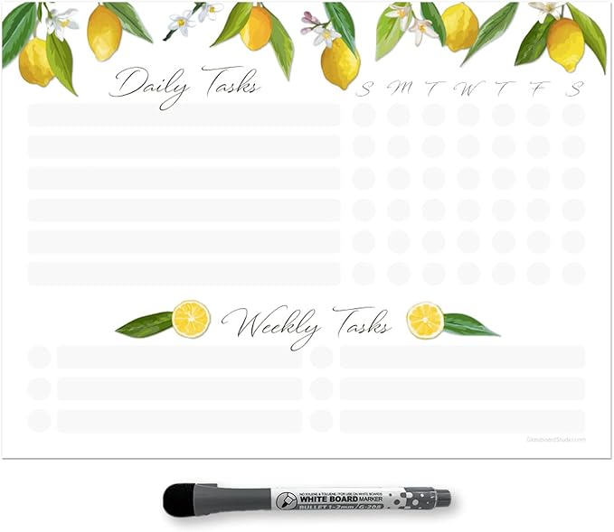 Dry Erase Whiteboard Task Planner | Removable and Restickable Adhesive Decal | Fine-Tip Magnetic Marker Included (9 x 12 inches, Lemon)