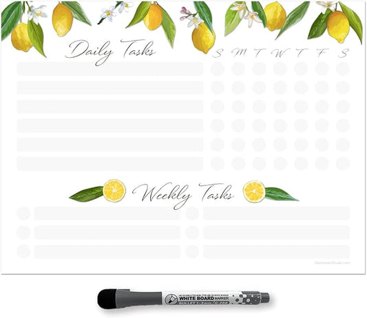 Dry Erase Whiteboard Task Planner | Removable and Restickable Adhesive Decal | Fine-Tip Magnetic Marker Included (9 x 12 inches, Lemon)