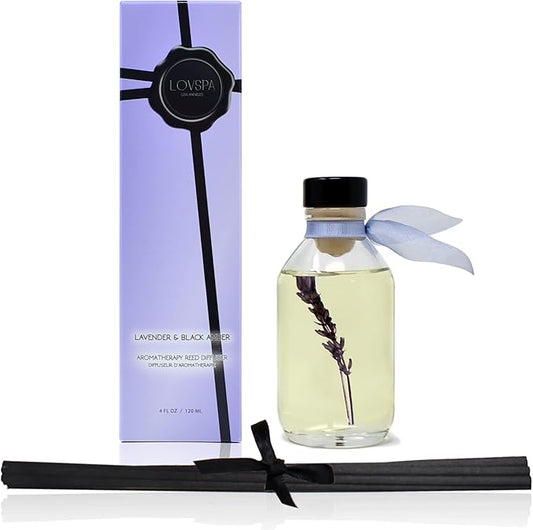 LOVSPA Reed Diffuser Set, Lavender & Black Amber Scented Oil Diffuser with Sticks, Home Fragrance Accessories for Bathroom Shelf Decor, Aroma Diffusers for Home or Office Desk, USA Made