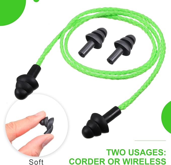 Tondiamo 200 Pairs Ear Plugs Reusable Silicone Earplugs with Cord Sleeping Individually Wrapped Hearing Protection Noise Cancelling Earplugs for Work Construction Shooting Sports(Green, Black)