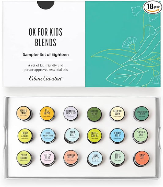 Edens Garden OK For Kids Essential Oils Sampler 18 Set – 100% Pure Therapeutic Grade, Aromatherapy Scents for Gentle Skin Care, Diffusers & Home – Natural, Undiluted & Family Friendly, .92 ml/ 18 Pack