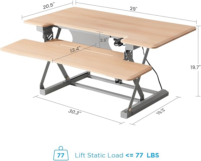 29" Electric Standing Desk Converter, Dyropcurv Series Height Adjustable Computer Desk Ergonomic Home Office Desk for Adults, Sit to Stand Desk with Quiet Motor, Light Wood