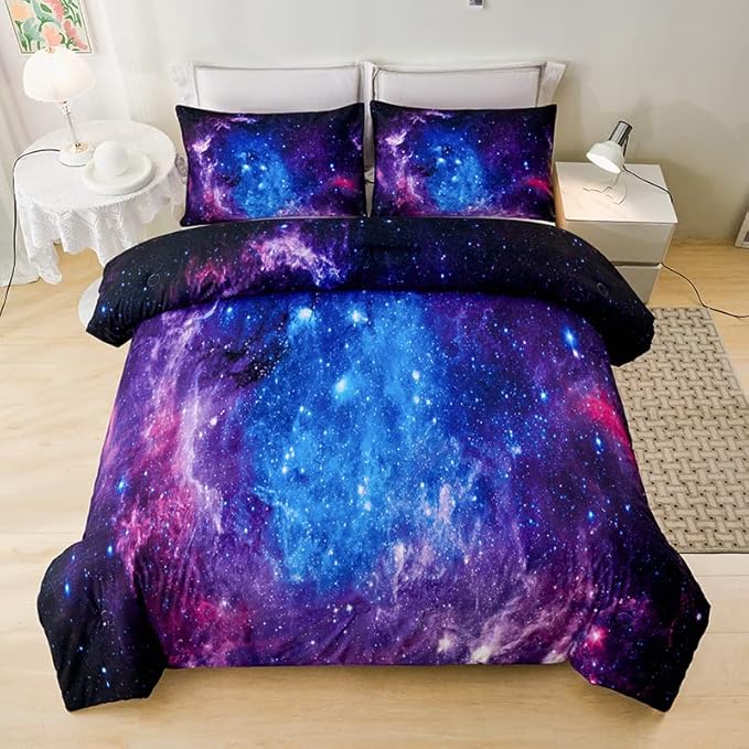 7PCS Purple Comforter Sets Queen,Girls Galaxy Comforter Queen,Girls Bed Sets Queen,Bed in a Bag with Flat Sheet and Fitted Sheet,Pillowcases,Cushion Covers for Girl,Galaxy Bedding Sets