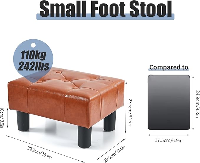 BRIAN & DANY Small Foot Stool, Leather Foot Stools with Legs, Stable Small Footstool for Living Room, Light Brown