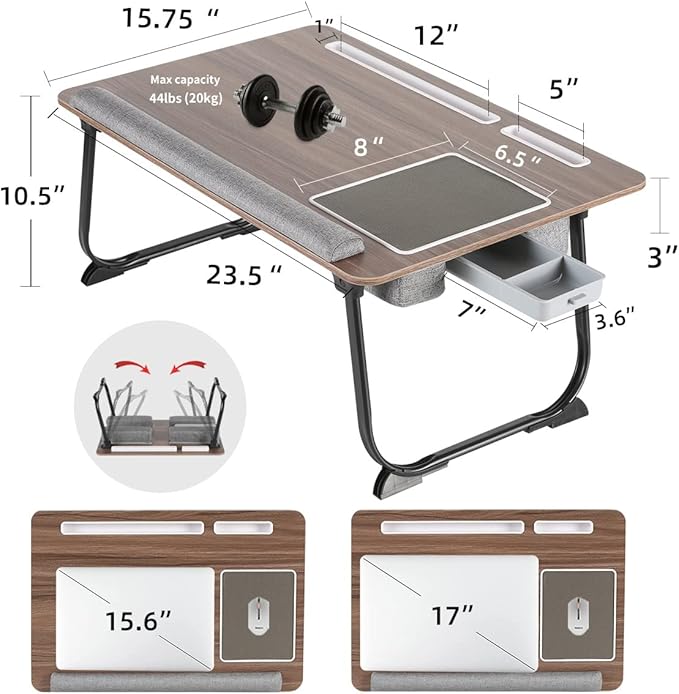 Laptop Desk, 2-in-1 Lap Desk, 17 inch Laptop Desk with Cushion, with Mouse pad Comes with Phone iPad Slot, Drawer, Foldable Bed Desk, Sofa Tray Reading Table