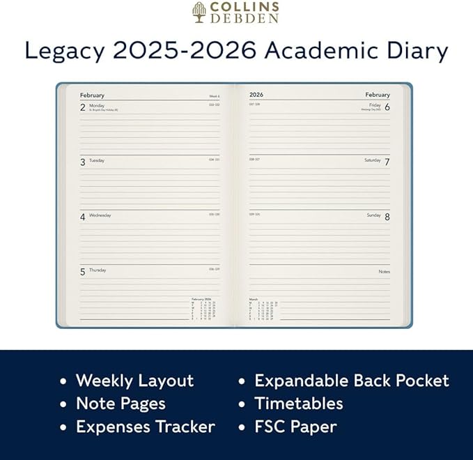 Collins 'Legacy' 14 Month Mid/Academic Year Planner, July 2025-August 2026 Week-to-View Diary, A5 Hard Cover, Blue