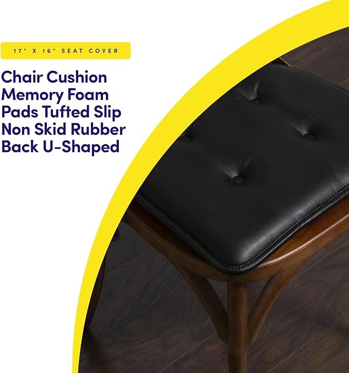 Sweet Home Collection Chair Cushion Memory Foam Pads Tufted Slip Non Skid Rubber Back U-Shaped 17" x 16" Seat Cover, 6 Pack, Faux Leather Black
