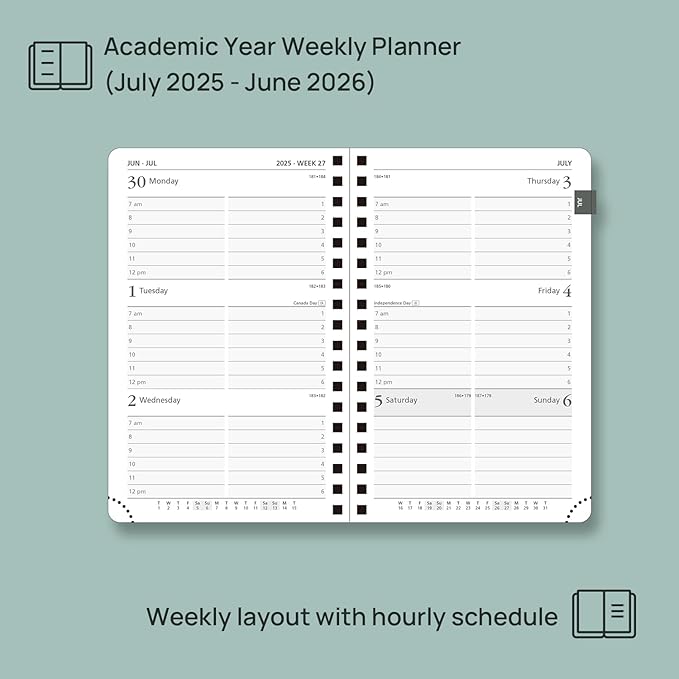 POPRUN Pocket Planner 2025-2026 (Purse Size 4'' x 6.25'') Academic Small Calendar (July 2025 - June 2026) with Hourly Time Slots, 100GSM Thick Papers, Spiral Leather Cover - Pacific Green