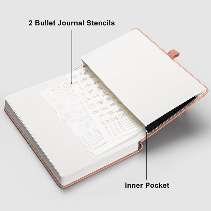 RETTACY Bullet Dotted Journal Notebook, 2-Pack, 160 Numbered Pages per Pack, A5 Medium Size (5.7'' x 8.3''), 120 GSM Thick Paper, Leather Hardcover, for Bullet Journaling (Black & Pink)