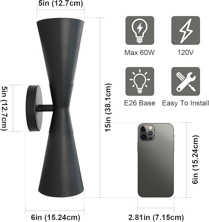 Wall Sconces Set of Two, Bathroom Sconces Wall Lighting 15 inch Black Modern Sconces Wall Decor Set of 2 Indoor Wall Light Fixtures for Living Room Hallway Staircase Bedroom Hardwired