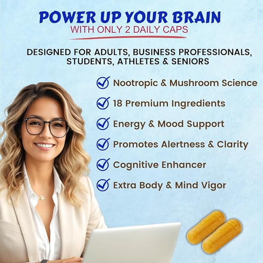 Brain Supplements for Memory & Focus - Nootropic Brain Health - Cognitive Performance, Clarity, Energy, Mental Vigor, Shilajit - Alpha Choline, Lion's Mane, Bacopa, 18 Premium Ingredients