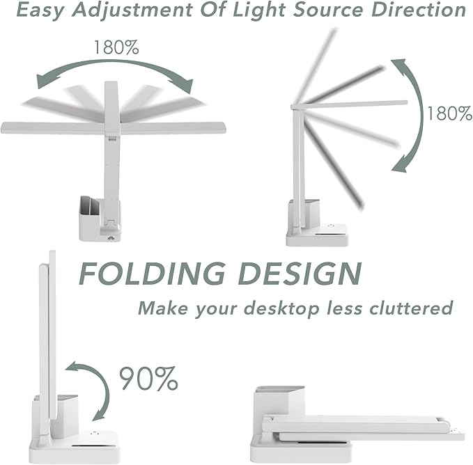 COZOO LED Desk Lamp with 2 USB Charging Ports,Type C Port,1 AC Outlet,2 Pen Holders,3 Color Temperature 3 Brightness Level,Touch/Memory/Timer,10W Eye Protection Foldable Reading Light,Study Lamp-White