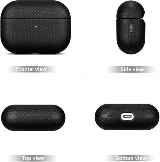 LOPIE Case for AirPods Pro 2nd Generation - Handmade AirPods Pro 2 Case Cover - Made of Vegan Leather - Carbon Fiber Style - Drop Protection Hard Shell Cover Compatible with Wireless Charging - Black