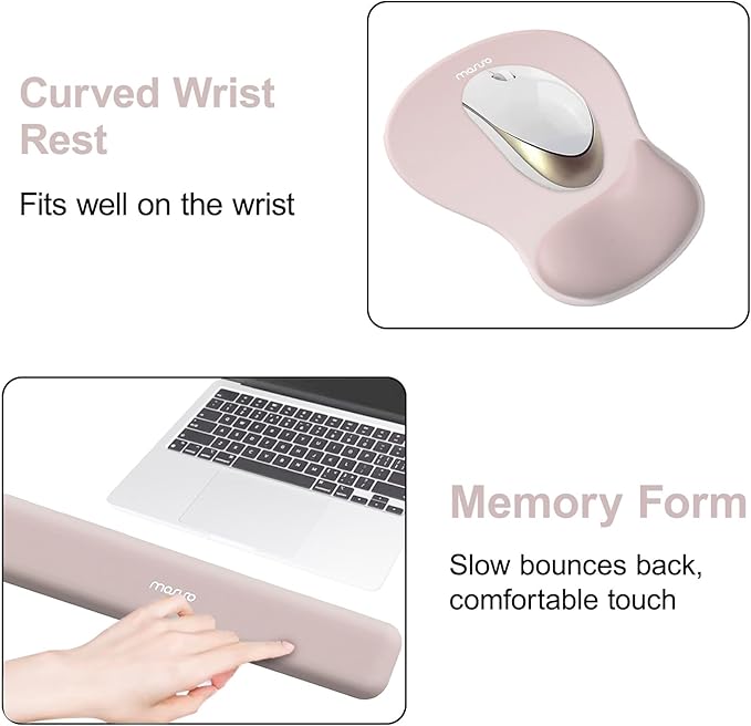 MOSISO Wrist Rest Support for Mouse Pad&Keyboard Set, Ergonomic Mousepad with Concave Curved Memory Foam, Non-Slip Base Pain Relief Comfortable Rectangular Easy Typing Pad for Home/Office, Apricot