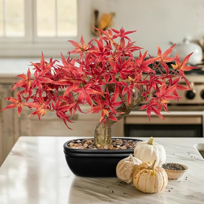 Artificial Maple Bonsai Tree, Mini Japanese Bonsai Plant in Ceramic Pot, Faux Potted Maple Desk Ornament, Indoor Tabletop Home Office Decor, Zen Garden Decoration