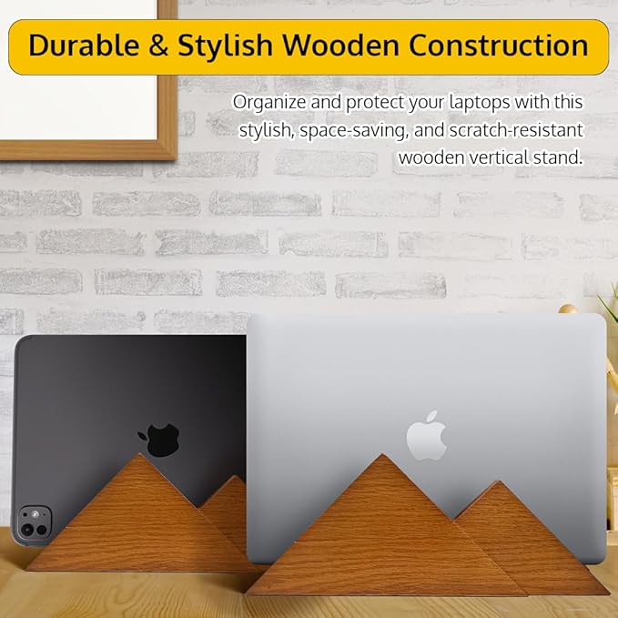 Dual Laptop Holder Vertical Laptop Stand 2 Slots Wooden - Light Brown (Oak Color)