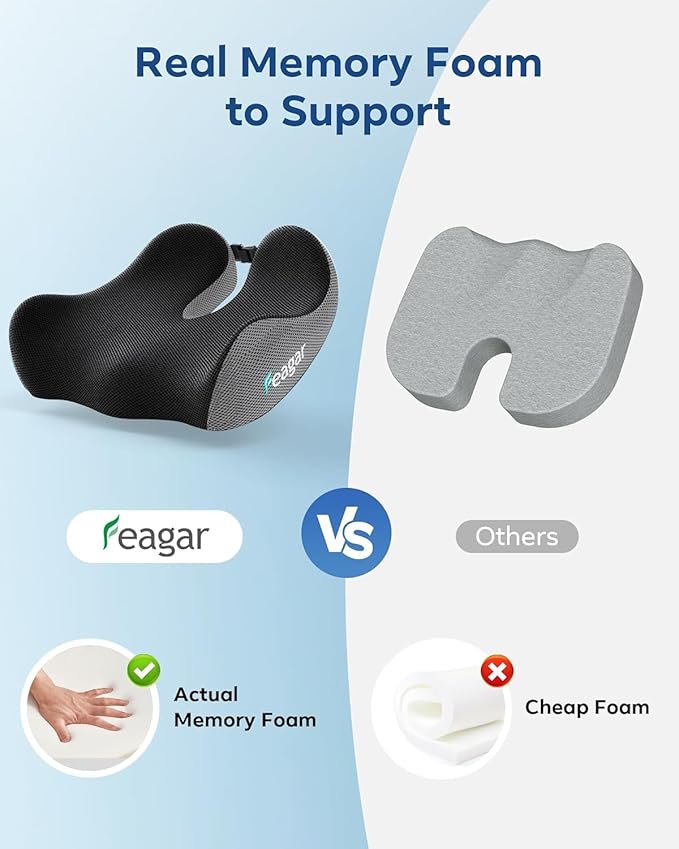 Feagar Seat Cushion - Office Chair Cushion for Hip, Sciatica & Tailbone Pain Relief - Memory Foam Pressure Relief Seat Cushion, Large Wrapped Design for Wheelchair, Car Seat & Long Sitting (Gray)