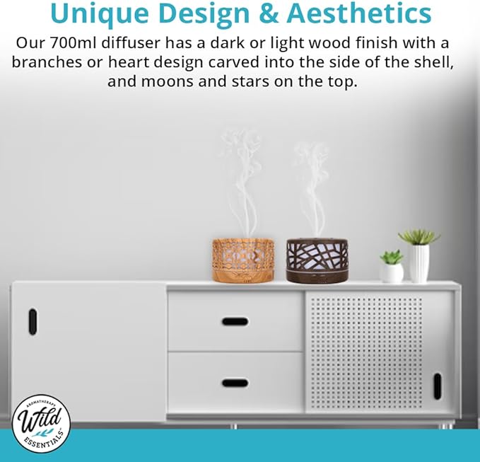 Wild Essentials 700ml Designer Large Room Essential Oil Diffuser, 5 in 1 Ultrasonic Aromatherapy Vaporizer Cool Mist Humidifier, Home, Office Bedroom, Timer, Auto-Off, 7 Color LED Dark Wood Branches