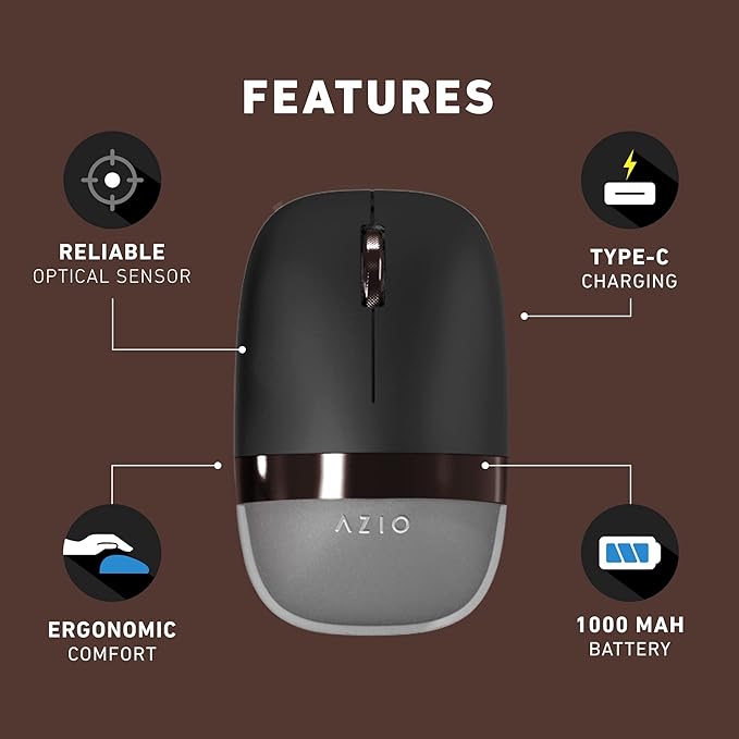 Azio IZO Wireless Optical Mouse - Bluetooth 3.0 & 5.0/2.4G RF-USB, Ambidextrous Design, PixArt PAW3212 Sensor, 1000/1600/2400 DPI, Rechargeable, PC & Mac