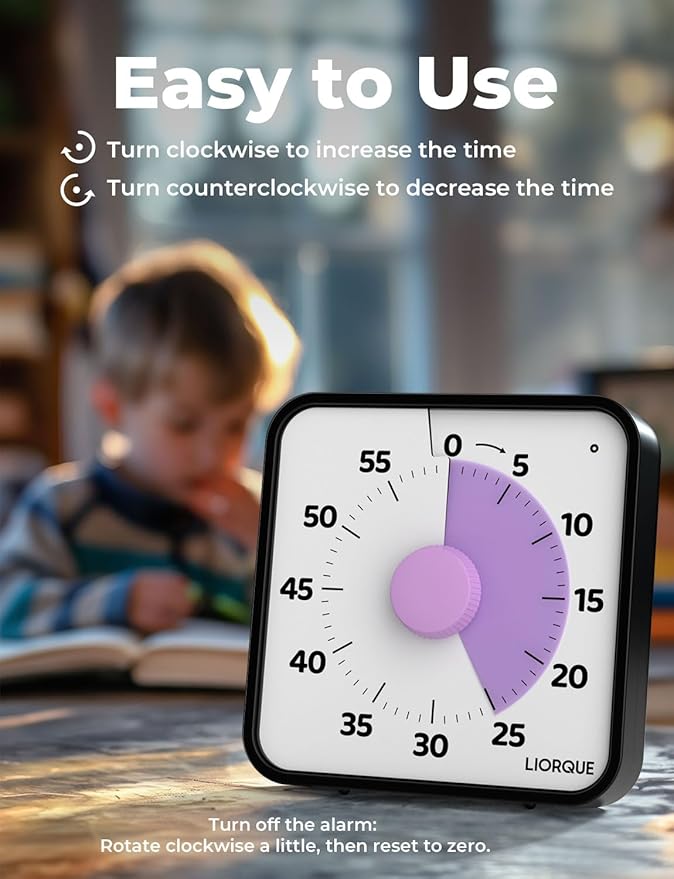 LIORQUE 60 Minute Visual Timer for Kids and Adults, Non-Ticking 7.5 Inch Large Visual Countdown Timers for Classroom Desk Countdown Clock with Magnetic Backing, Kids Pomodoro Timer Clock