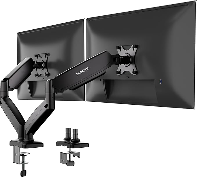 Mount-It! Dual Monitor Desk Mount – Full Motion Gas Spring Arms, Fits 13 to 32 Inch Screens, Holds 17.6 lbs per Arm, Dual Monitor Stand, VESA Mount, C-Clamp & Grommet Base