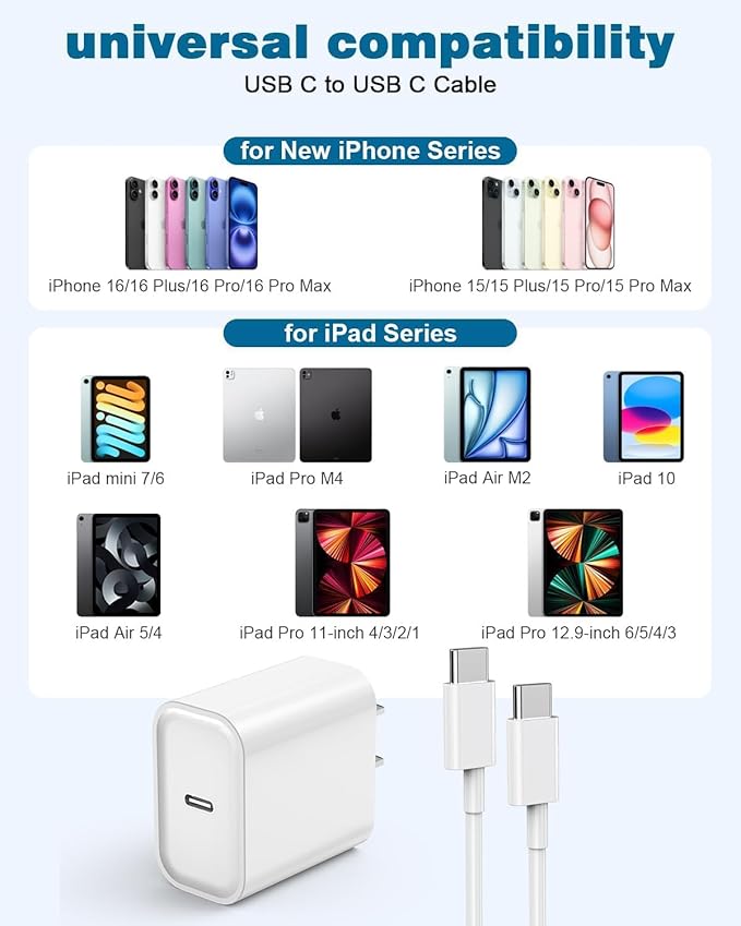 10FT Apple iPhone 17 16 Charger,2Pack Extra Long 10Foot Type C Cable Cord 20W USBC Charger Travel Plug Super Quick Charging for iPhone 17 Air/17 Pro/17 Pro Max/16e/16 Pro/16 Pro Max/15/15 Pro Max/iPad