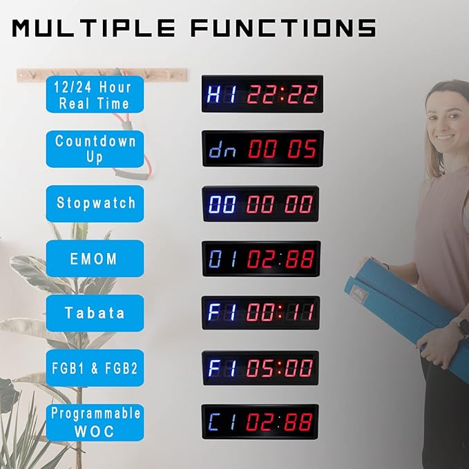 Large Countdown Clock Interval Gym Timer with Remote Wall Mount Ultra-Clear Digital Gym Clock for Workout 15" x 4.7" Aluminum Housing 6ft Power Cord