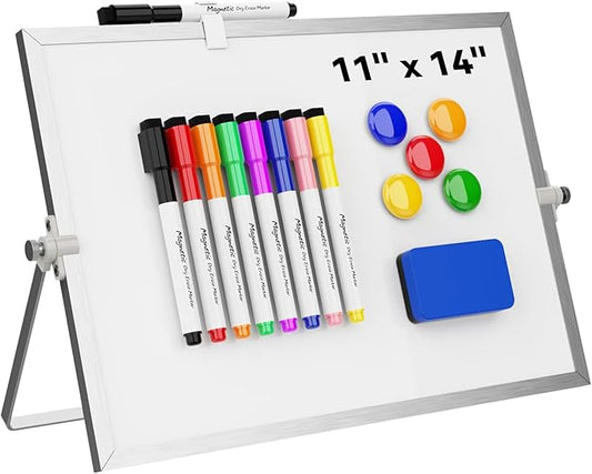 Dry Erase White Board, Cazeyoo Magnetic Desktop Whiteboard 11 x 14inch with Stand, 8 Markers, 4 Magnets and 1 Eraser, Portable Double-Sided White Board for Kids Drawing, Office, Home, School