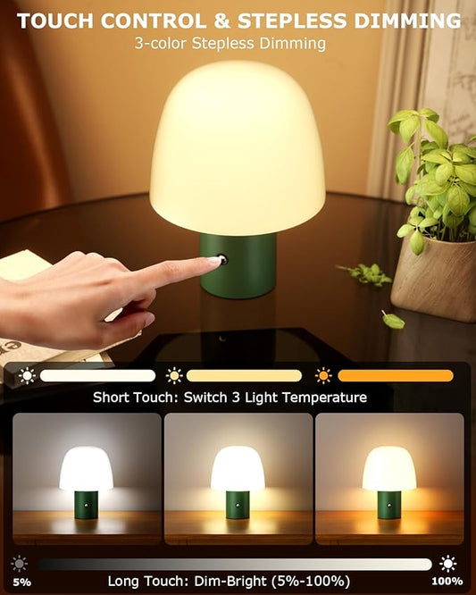 Portable LED Table Lamp, Cordless Desk Lamp Rechargeable, 3-Color Touch Stepless Dimming Night Light for Bedroom/Children's Room/Terrace/Dining Room/Cafe (Green)