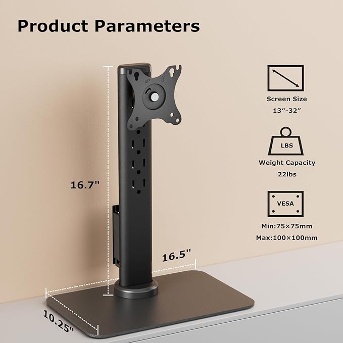 Single Monitor Mount with Power Outlet, Freestanding Monitor Stand for 13 inch to 32 inch Flat Curved Screen with Metal Base, 6 Heights Adjustable,Swivel, Tilt, Rotation, Max VESA 100x100mm