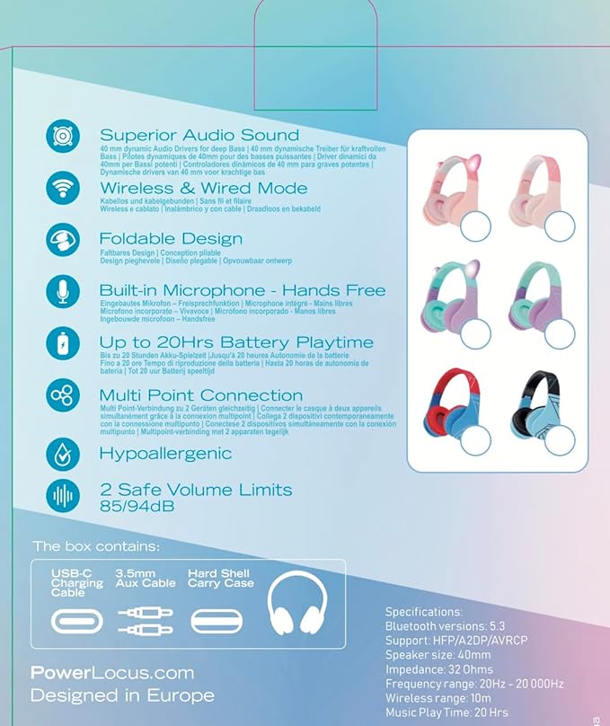 PowerLocus Bluetooth Headphones for Kids, Wireless Foldable Headphones Over Ear, Headphone with Microphone, 85DB Volume Limit, Wireless and Wired Headset with Micro SD, FM for Cellphones, Tablets, PC
