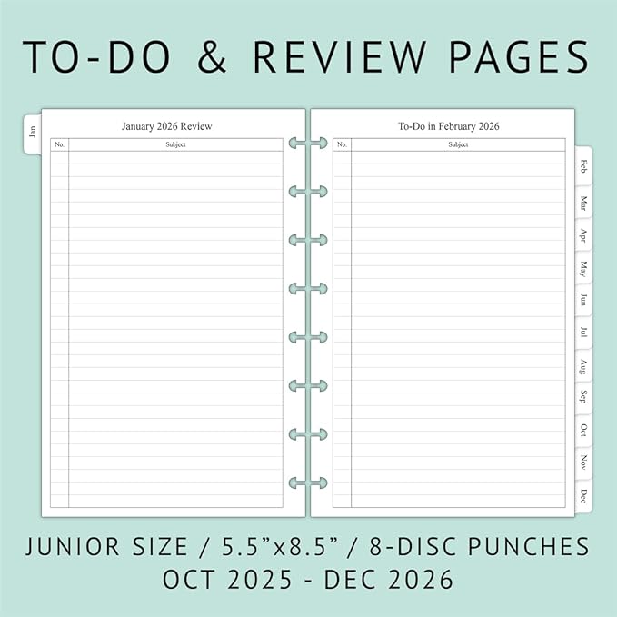 newestor 2025-2026 Monthly Planner Refill for 8-Discbound Notebook, Two Pages Per Month, Oct 2025 to Dec 2026, Junior Size 5-1/2"x8-1/2"