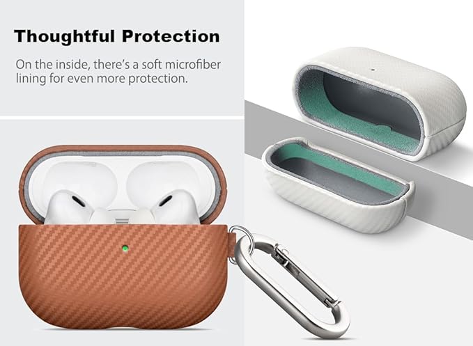 Leather Case - for AirPods Pro 2 Case Cover with Keychain - Selected Skin-friendly Leather, Carbon Fibre Texture, Handmade Shockproof Hard Cover for AirPods Pro 2nd Generation Earbuds - Brown