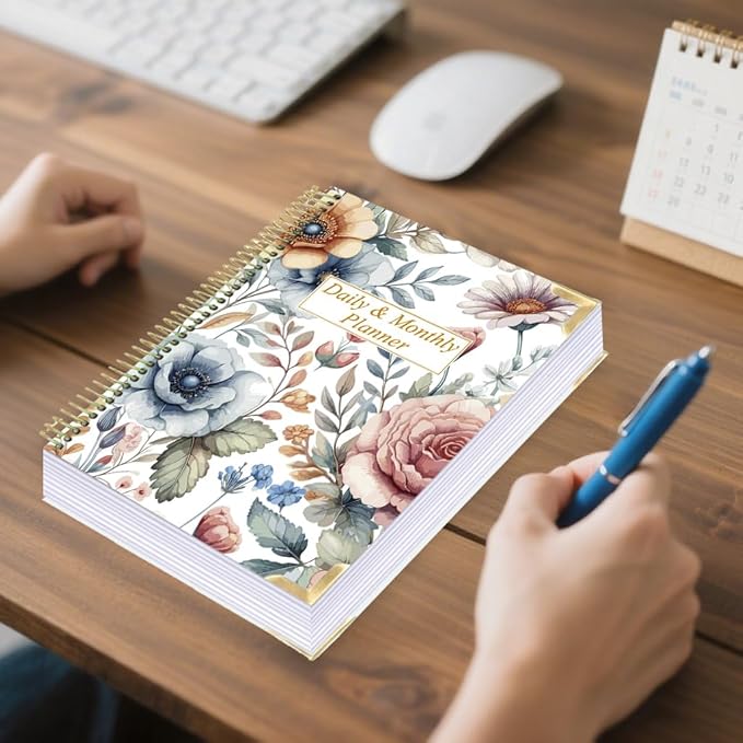 Undated Daily Monthly Planner for 2025 2026 - A4 To Do List with Hourly Schedule, Hardcover Spiral Bound Daily Planner to Increase Focus, Stylish School/Office Supplies, 8.5" x 11", Flower