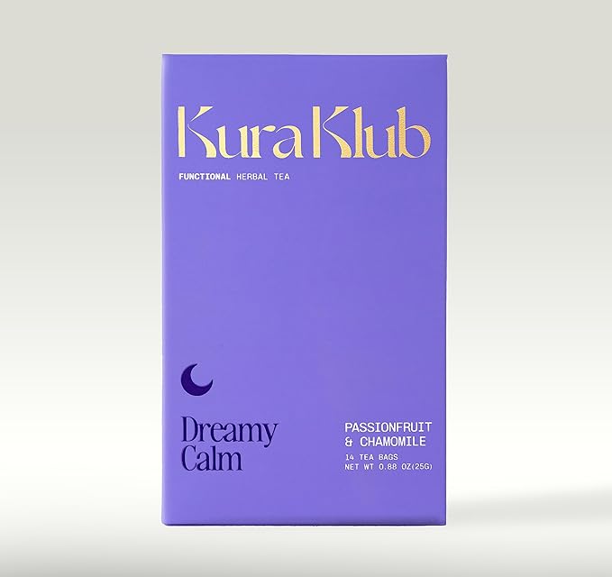 Kura Klub Nighttime Sleep & Relaxation Tea — Chamomile & Passion Fruit Herbal Blend for Stress-Free Evenings, Beauty & Digestion Support — Caffeine-Free, No Microplastics — 14 Biodegradable Teabags