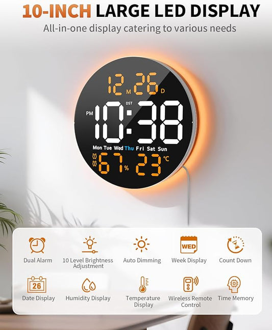 10 Inch Large Digital Wall Clock with 9 Color Changing Remote Control, Date Week Temperature, Auto Brightness Dimmer Big Clock Night Lights,Orange