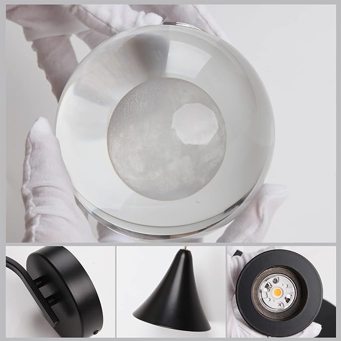 Modern Wall Sconces, Moon Crystal Wall Sconce Indoor, 5W Dimmable LED Sconce Wall Lighting for Bedroom Bedside Bathroom Living Room Hallway Staircase, Black