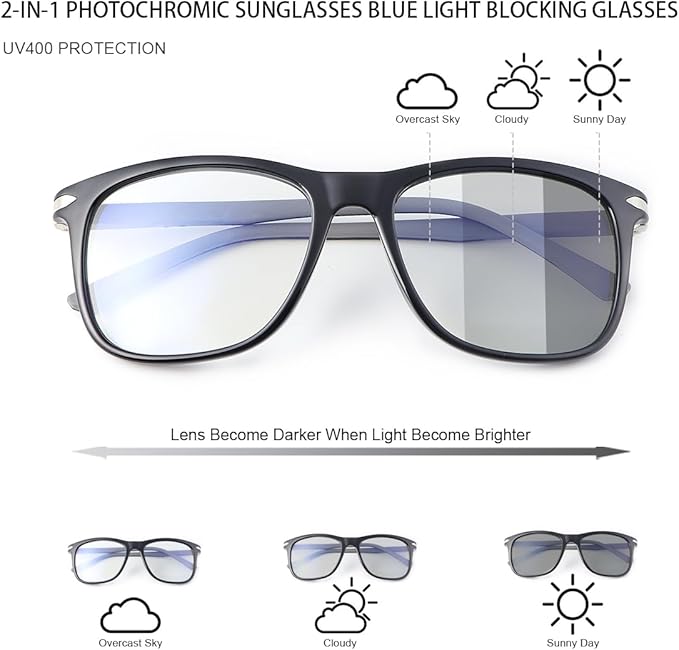 YIMI Spring Hinge Photochromic Gray Sunglasses Blue Light Blocking Glasses for Men and Women Day Night Gaming TV Phones Computer Eyeglasses UV Protection Anti Glare Lightweight TR90 Full Frame Eyewear