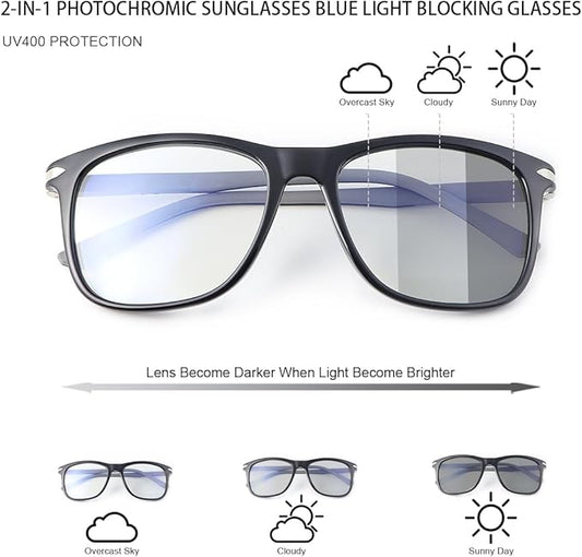 MIRYEA Spring Hinge Photochromic Gray Sunglasses Blue Light Blocking Glasses for Men Women Day Night Gaming TV Phones Computer Eyeglasses UV400 Protection Anti Glare Lightweight TR90 Full Rim Eyewear