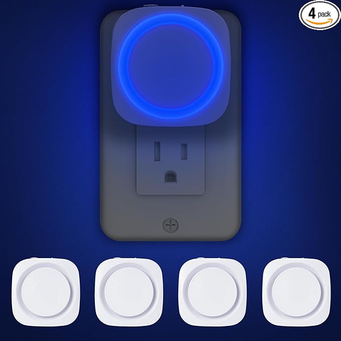 Blue Night Lights Plug into Wall, 4 Packs Dimmable Night Light with Dust to Dawn Sensor, Automatically Turn on and Off, Gentle Glow Nightlight for Bathroom,Bedroom,Stairs,Kitchen,Hallway, Blue