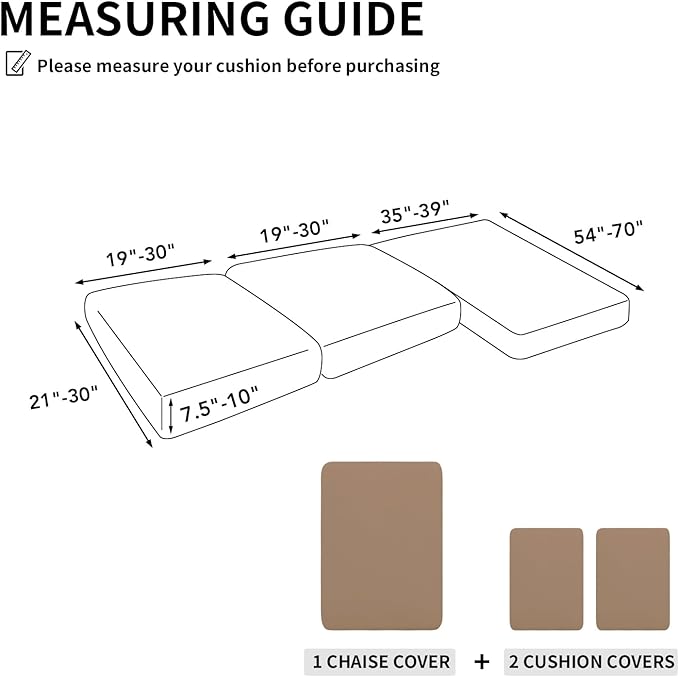 Easy-Going 100% Waterproof 3 Pieces Couch Cushion Covers for Sectional Sofa Left/Right L Shape Chaise Lounge Sofa Seat slipcover Anti-Slip Sofa Cover (2 Seater + 1 Chaise, Camel
