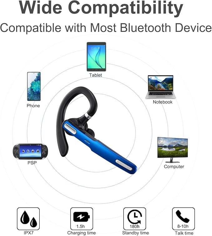 COMEXION Bluetooth Headset, Wireless Bluetooth Earpiece V5.0 Hands-Free Earphones with Stereo Noise Canceling Mic, Compatible iPhone Android Cell Phones Driving/Business/Office