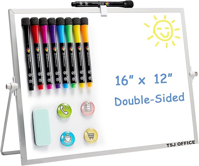 TSJ OFFICE Dry Erase White-Board - 12 X 16 Inches Portable Small Magnetic White Board with Hooks for Wall, Mini Desktop Whiteboard 360 Degrees Revolving Double Sided Stand for Office, Home, School