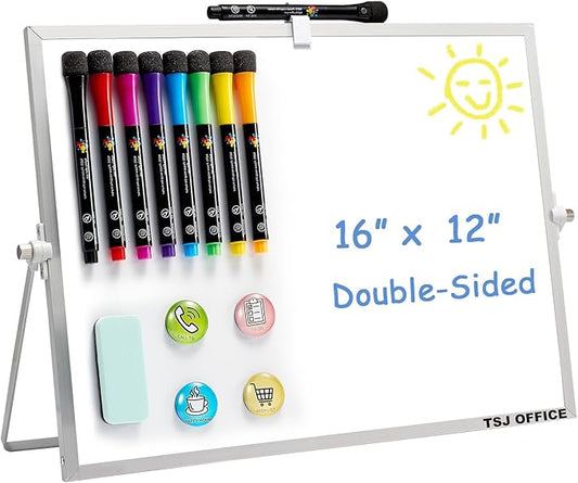 TSJ OFFICE Dry Erase White-Board - 12 X 16 Inches Portable Small Magnetic White Board with Hooks for Wall, Mini Desktop Whiteboard 360 Degrees Revolving Double Sided Stand for Office, Home, School