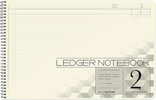 BookFactory Accounting Ledger Notebook/Large 2 Column Accounting Ledger Columnar (Two Columns) Log Book - 17'' x 11'', 100 Pages, Wire-O Landscape Format (LED-100-CLCW-PP(17x11-Ledger-2)-AX)